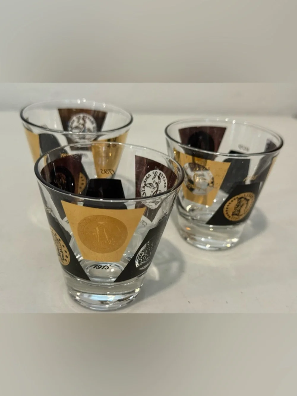 Set 3 Mid Century Cera‎ Glass 22K Gold w/ Coin Emblem Design 